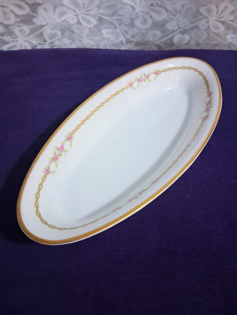 Vintage 1930s Heinrich H&C Porcelain Tray Trinket Dish Pink Roses 11" Bavaria